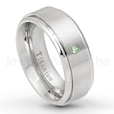 0.21ctw Alexandrite & Diamond 3-Stone Ring - June Birthstone Ring - 8mm Satin Finish Stepped Edge Comfort Fit Titanium Wedding Ring TM258-ALX