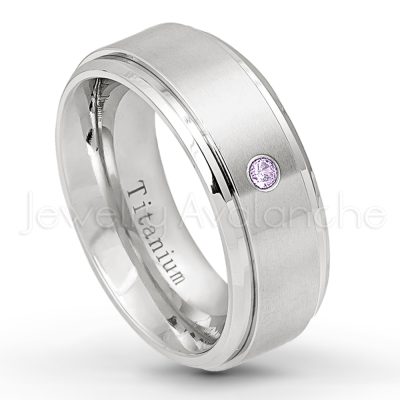 0.21ctw Amethyst 3-Stone Ring - February Birthstone Ring - 8mm Satin Finish Stepped Edge Comfort Fit Titanium Wedding Ring TM258-AMT