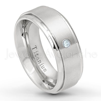 0.21ctw Aquamarine & Diamond 3-Stone Ring - March Birthstone Ring - 8mm Satin Finish Stepped Edge Comfort Fit Titanium Wedding Ring TM258-AQM