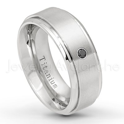 0.21ctw Black Diamond 3-Stone Ring - April Birthstone Ring - 8mm Satin Finish Stepped Edge Comfort Fit Titanium Wedding Ring TM258-BD