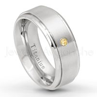 0.07ctw Citrine Solitaire Ring - November Birthstone Ring - 8mm Satin Finish Stepped Edge Comfort Fit Titanium Wedding Ring TM258-CN
