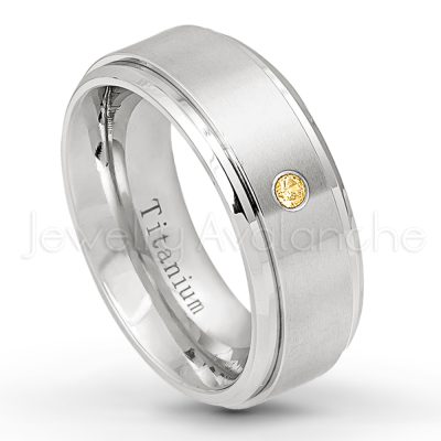 0.21ctw Citrine 3-Stone Ring - November Birthstone Ring - 8mm Satin Finish Stepped Edge Comfort Fit Titanium Wedding Ring TM258-CN
