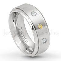 0.21ctw Citrine & Diamond 3-Stone Ring - November Birthstone Ring - 8mm Satin Finish Stepped Edge Comfort Fit Titanium Wedding Ring TM258-CN