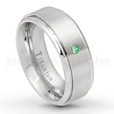 0.21ctw Emerald 3-Stone Ring - May Birthstone Ring - 8mm Satin Finish Stepped Edge Comfort Fit Titanium Wedding Ring TM258-ED