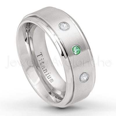 0.21ctw Emerald 3-Stone Ring - May Birthstone Ring - 8mm Satin Finish Stepped Edge Comfort Fit Titanium Wedding Ring TM258-ED