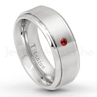 0.07ctw Garnet Solitaire Ring - January Birthstone Ring - 8mm Satin Finish Stepped Edge Comfort Fit Titanium Wedding Ring TM258-GR