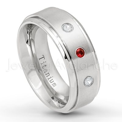 0.21ctw Garnet 3-Stone Ring - January Birthstone Ring - 8mm Satin Finish Stepped Edge Comfort Fit Titanium Wedding Ring TM258-GR