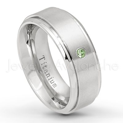 0.21ctw Green Tourmaline 3-Stone Ring - October Birthstone Ring - 8mm Satin Finish Stepped Edge Comfort Fit Titanium Wedding Ring TM258-GTM
