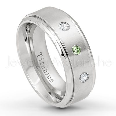 0.21ctw Diamond & Green Tourmaline 3-Stone Ring - October Birthstone Ring - 8mm Satin Finish Stepped Edge Comfort Fit Titanium Wedding Ring TM258-GTM