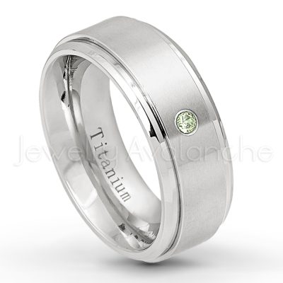 0.21ctw Peridot 3-Stone Ring - August Birthstone Ring - 8mm Satin Finish Stepped Edge Comfort Fit Titanium Wedding Ring TM258-PD