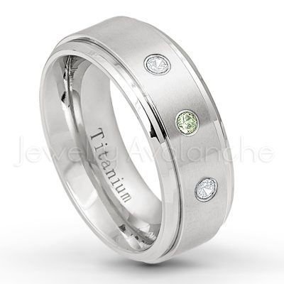 0.21ctw Peridot 3-Stone Ring - August Birthstone Ring - 8mm Satin Finish Stepped Edge Comfort Fit Titanium Wedding Ring TM258-PD