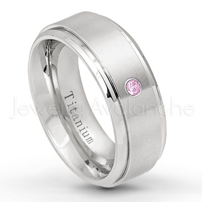 0.21ctw Pink Tourmaline 3-Stone Ring - October Birthstone Ring - 8mm Satin Finish Stepped Edge Comfort Fit Titanium Wedding Ring TM258-PTM