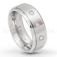 0.21ctw Pink Tourmaline & Diamond 3-Stone Ring - October Birthstone Ring - 8mm Satin Finish Stepped Edge Comfort Fit Titanium Wedding Ring TM258-PTM