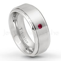 0.07ctw Ruby Solitaire Ring - July Birthstone Ring - 8mm Satin Finish Stepped Edge Comfort Fit Titanium Wedding Ring TM258-RB