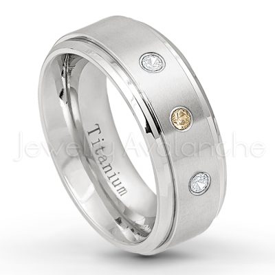 0.07ctw Smokey Quartz Solitaire Ring - November Birthstone Ring - 8mm Satin Finish Stepped Edge Comfort Fit Titanium Wedding Ring TM258-SMQ