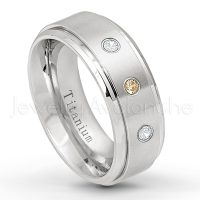 0.21ctw Smokey Quartz & Diamond 3-Stone Ring - November Birthstone Ring - 8mm Satin Finish Stepped Edge Comfort Fit Titanium Wedding Ring TM258-SMQ