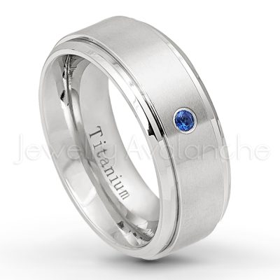 0.21ctw Diamond & Blue Sapphire 3-Stone Ring - September Birthstone Ring - 8mm Satin Finish Stepped Edge Comfort Fit Titanium Wedding Ring TM258-SP