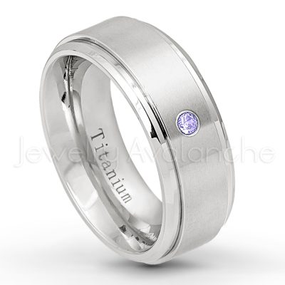 0.21ctw Tanzanite 3-Stone Ring - December Birthstone Ring - 8mm Satin Finish Stepped Edge Comfort Fit Titanium Wedding Ring TM258-TZN