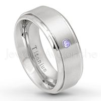 0.07ctw Tanzanite Solitaire Ring - December Birthstone Ring - 8mm Satin Finish Stepped Edge Comfort Fit Titanium Wedding Ring TM258-TZN