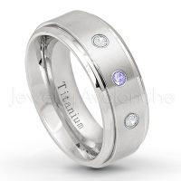 0.21ctw Tanzanite & Diamond 3-Stone Ring - December Birthstone Ring - 8mm Satin Finish Stepped Edge Comfort Fit Titanium Wedding Ring TM258-TZN