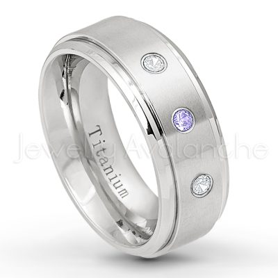 0.07ctw Tanzanite Solitaire Ring - December Birthstone Ring - 8mm Satin Finish Stepped Edge Comfort Fit Titanium Wedding Ring TM258-TZN