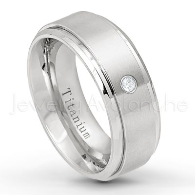 0.07ctw Diamond Solitaire Ring - April Birthstone Ring - 8mm Satin Finish Stepped Edge Comfort Fit Titanium Wedding Ring TM258-WD