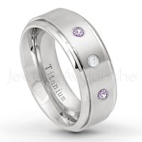 0.21ctw Diamond & Amethyst 3-Stone Ring - February Birthstone Ring - 8mm Satin Finish Stepped Edge Comfort Fit Titanium Wedding Ring TM258-AMT
