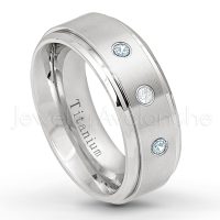 0.21ctw Diamond & Aquamarine 3-Stone Ring - March Birthstone Ring - 8mm Satin Finish Stepped Edge Comfort Fit Titanium Wedding Ring TM258-AQM