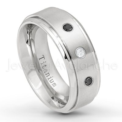 0.21ctw Black Diamond 3-Stone Ring - April Birthstone Ring - 8mm Satin Finish Stepped Edge Comfort Fit Titanium Wedding Ring TM258-BD
