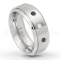 0.21ctw White & Black Diamond 3-Stone Ring - April Birthstone Ring - 8mm Satin Finish Stepped Edge Comfort Fit Titanium Wedding Ring TM258-WD