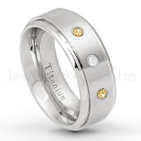 0.21ctw Diamond & Citrine 3-Stone Ring - November Birthstone Ring - 8mm Satin Finish Stepped Edge Comfort Fit Titanium Wedding Ring TM258-CN