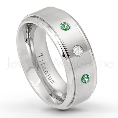 0.07ctw Emerald Solitaire Ring - May Birthstone Ring - 8mm Satin Finish Stepped Edge Comfort Fit Titanium Wedding Ring TM258-ED
