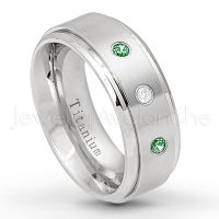 0.21ctw Diamond & Emerald 3-Stone Ring - May Birthstone Ring - 8mm Satin Finish Stepped Edge Comfort Fit Titanium Wedding Ring TM258-ED