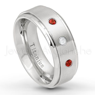 0.21ctw Garnet & Diamond 3-Stone Ring - January Birthstone Ring - 8mm Satin Finish Stepped Edge Comfort Fit Titanium Wedding Ring TM258-GR