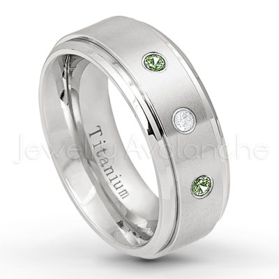 0.21ctw Green Tourmaline & Diamond 3-Stone Ring - October Birthstone Ring - 8mm Satin Finish Stepped Edge Comfort Fit Titanium Wedding Ring TM258-GTM