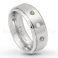 0.21ctw Diamond & Green Tourmaline 3-Stone Ring - October Birthstone Ring - 8mm Satin Finish Stepped Edge Comfort Fit Titanium Wedding Ring TM258-GTM