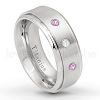 0.21ctw Diamond & Pink Tourmaline 3-Stone Ring - October Birthstone Ring - 8mm Satin Finish Stepped Edge Comfort Fit Titanium Wedding Ring TM258-PTM