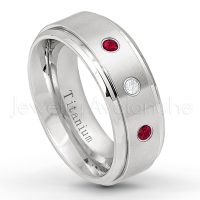 0.21ctw Diamond & Ruby 3-Stone Ring - July Birthstone Ring - 8mm Satin Finish Stepped Edge Comfort Fit Titanium Wedding Ring TM258-RB