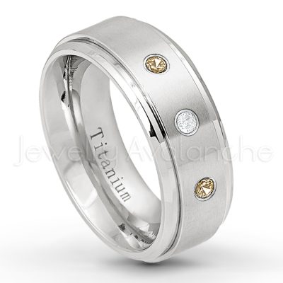 0.07ctw Smokey Quartz Solitaire Ring - November Birthstone Ring - 8mm Satin Finish Stepped Edge Comfort Fit Titanium Wedding Ring TM258-SMQ