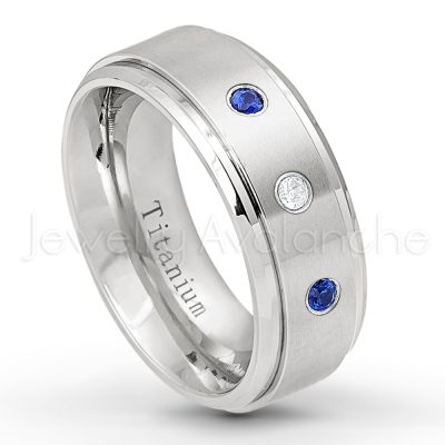 0.21ctw Blue Sapphire & Diamond 3-Stone Ring - September Birthstone Ring - 8mm Satin Finish Stepped Edge Comfort Fit Titanium Wedding Ring TM258-SP