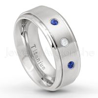 0.21ctw Diamond & Blue Sapphire 3-Stone Ring - September Birthstone Ring - 8mm Satin Finish Stepped Edge Comfort Fit Titanium Wedding Ring TM258-SP