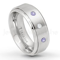 0.21ctw Diamond & Tanzanite 3-Stone Ring - December Birthstone Ring - 8mm Satin Finish Stepped Edge Comfort Fit Titanium Wedding Ring TM258-TZN