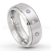 0.21ctw Amethyst 3-Stone Ring - February Birthstone Ring - 8mm Satin Finish Stepped Edge Comfort Fit Titanium Wedding Ring TM258-AMT