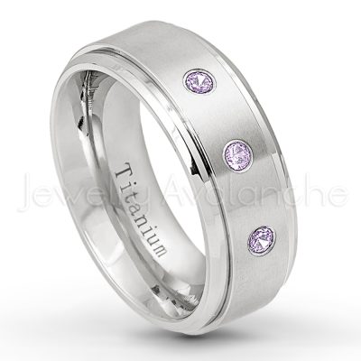 0.07ctw Amethyst Solitaire Ring - February Birthstone Ring - 8mm Satin Finish Stepped Edge Comfort Fit Titanium Wedding Ring TM258-AMT