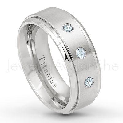 0.07ctw Aquamarine Solitaire Ring - March Birthstone Ring - 8mm Satin Finish Stepped Edge Comfort Fit Titanium Wedding Ring TM258-AQM