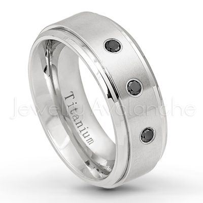 0.07ctw Black Diamond Solitaire Ring - April Birthstone Ring - 8mm Satin Finish Stepped Edge Comfort Fit Titanium Wedding Ring TM258-BD
