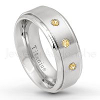 0.21ctw Citrine 3-Stone Ring - November Birthstone Ring - 8mm Satin Finish Stepped Edge Comfort Fit Titanium Wedding Ring TM258-CN
