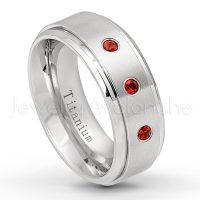 0.21ctw Garnet 3-Stone Ring - January Birthstone Ring - 8mm Satin Finish Stepped Edge Comfort Fit Titanium Wedding Ring TM258-GR