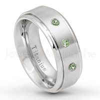 0.21ctw Green Tourmaline 3-Stone Ring - October Birthstone Ring - 8mm Satin Finish Stepped Edge Comfort Fit Titanium Wedding Ring TM258-GTM