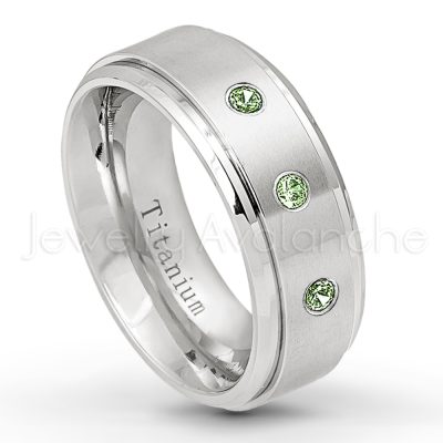 0.07ctw Green Tourmaline Solitaire Ring - October Birthstone Ring - 8mm Satin Finish Stepped Edge Comfort Fit Titanium Wedding Ring TM258-GTM